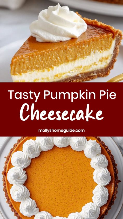 Indulge in the ultimate fall dessert with our delectable pumpkin pie cheesecake recipe. This decadent treat combines the rich, spiced flavors of classic pumpkin pie with the creamy indulgence of cheesecake. The perfect dessert to impress your guests or satisfy your own sweet tooth cravings. Easy to make and guaranteed to be a hit at any gathering - give this pumpkin pie cheesecake a try and elevate your dessert game this season! Paradise Pumpkin Pie Recipe, The Best Pumpkin Pie Recipe Ever, Homemade Pumpkin Pie Cheesecake, Pumpkin Pie With Cheesecake Swirl, Pumpkin Pie And Cheesecake, Pumpkin And Cheesecake Pie, Easy Pumpkin Pie Cheesecake Recipe, Pumpkin Pie Recipe Cheesecake, Pumpkin Pie Recipes Dessert