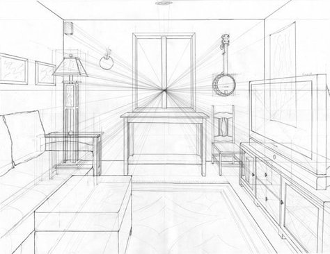 Two Point Perspective Drawing, One Point Perspective Room, Room Perspective Drawing, 1 Point Perspective Drawing, Croquis Architecture, Perspective Room, Living Room Drawing, 1 Point Perspective, Room Drawing