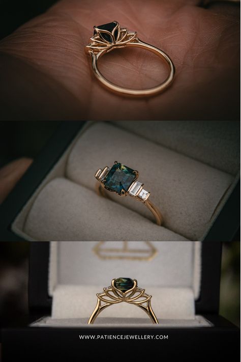 Gold Stone Engagement Rings, Sapphire Engagement Ring Set Gold, Set Of Wedding Rings, Color Stone Wedding Rings, Engagement Ring Setting Styles, Octagon Wedding Ring, Dark Blue Rings Engagement, Engagement Rings Teal Sapphire, Unique Engagement Rings Non Diamond