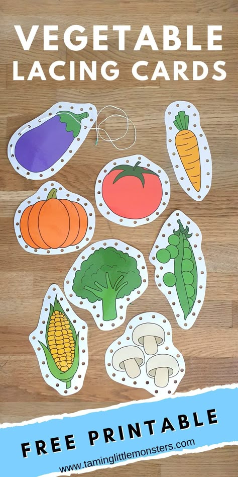 Free Vegetable Lacing Cards. This free printable for kids is a wonderful fine motor activity for toddlers and preschool. perfect for healthy eating or nature lesson plans. #nutrition #freeprintable #finemotor #toddlers #preschool Garden Fine Motor Preschool, Fruit Lacing Cards Free Printable, Growing Vegetable Soup Preschool, Garden Fine Motor Activities, Free Vegetable Printables, Nutrition Week Activities For Toddlers, Health And Nutrition Crafts For Toddlers, Vegetable Crafts For Toddlers, Vegetable Activities For Preschool