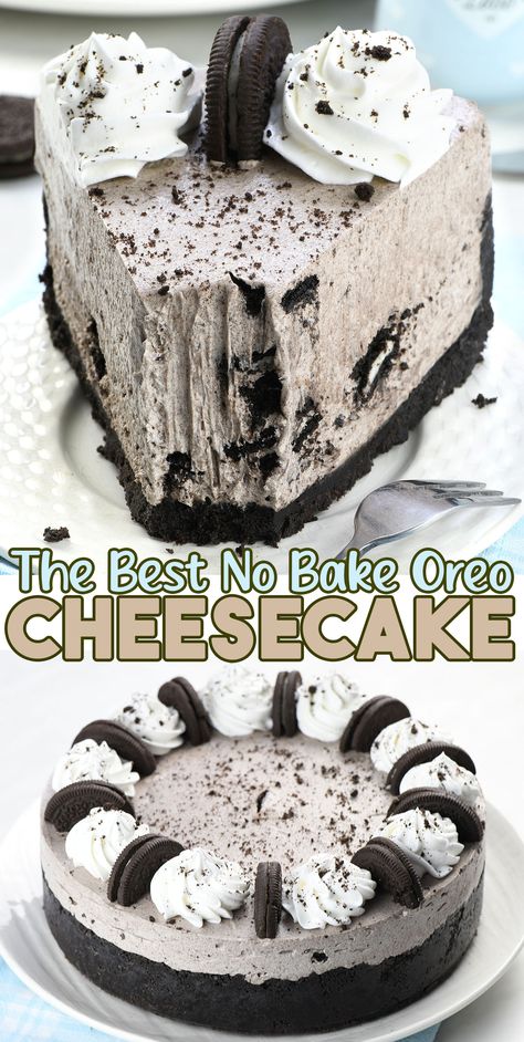 Close-up of a slice of creamy no-bake Oreo cheesecake with an Oreo cookie crust, topped with whipped cream and crushed Oreos, served on a white plate. Creamy Oreo Cheesecake, Easy Oreo Pie No Bake, Quick Oreo Cheesecake, Oreo Baked Cheesecake, Oreo Cheesecake Nobake, No Bake Oreo Crust Recipe, Non Bake Oreo Cheesecake, Oreo Cheesecake Pudding Dessert, Oreo And Marshmallow Dessert