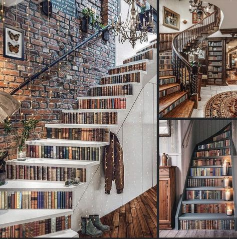 Stairwell Library, Retrocore Aesthetic, Dream Library Home, Book Staircase, Bookshelves Library, In Home Library, Rustic Kitchen Cabinets, Dream Library, Library Aesthetic