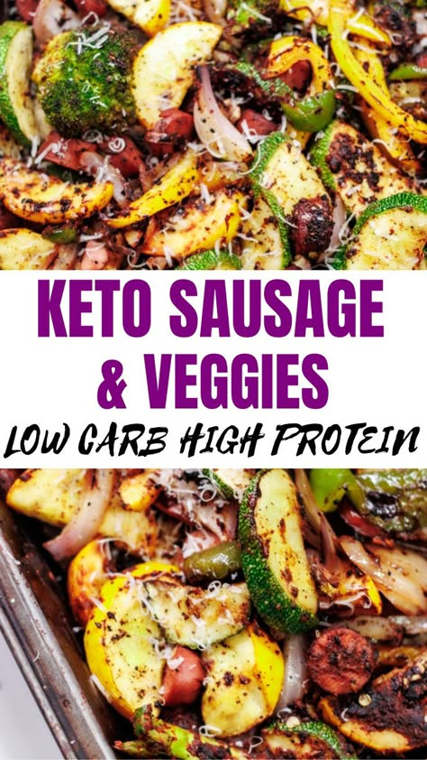 KETO SAUSAGE & VEGGIES Keto Friendly Sausage Recipes, Paleo Polish Sausage Recipes, Keto Sausage Dinner Ideas, Keto Sausage Stir Fry Recipes, Keto Polish Sausage And Broccoli Recipes, Low Carb Dinner With Sausage, Chicken Sausage Low Carb Recipes, Keto Sausage Sheet Pan, Keri Sausage Recipe