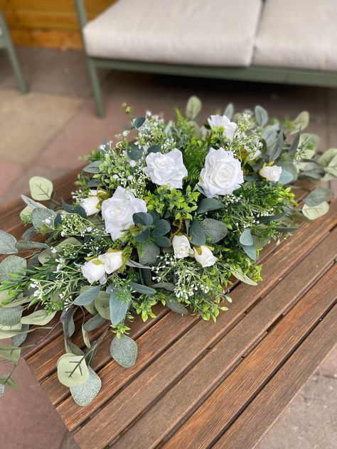 Artificial Wedding Flowers Centerpieces, White And Green Top Table Flowers, White Table Flowers Wedding, Wedding Flowers Top Table, Alter Flower Arrangements Wedding, Center Table Flower Arrangement, Artificial Flowers Bouquet, Artificial Flower Arrangements For Table, Flowers Arrangements For Table