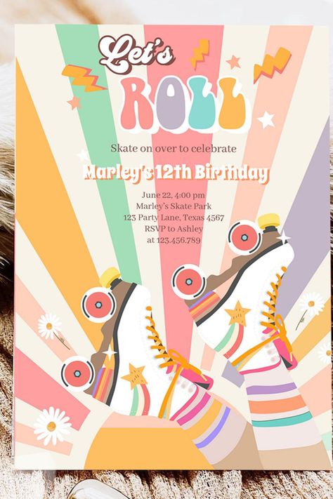 Roller Skate Skating Retro Groovy Birthday Party I Invitation 70s Roller Skating, Roller Skating Birthday Invitations, Roller Skate Party, Groovy Birthday Party, Skating Roller, Rainbow Birthday Invitations, Roller Skating Party, Groovy Birthday, Skating Party