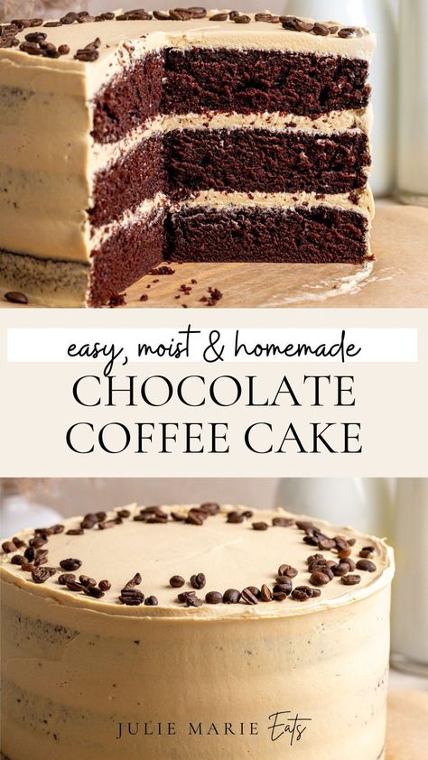 Make the perfect moist chocolate layer cake with coffee buttercream icing with this homemade cake recipe. Follow Julie Marie Eats for easy dessert ideas and baking recipes for a crowd. Mocha Layer Cake With Rum Cream Filling, Chocolate Coffee Sheet Cake, Cake Bake Recipes, Chocolate Cake 2 Layer, Easy Recipes To Bake Desserts, Homemade Chocolate Cake With Coffee, Most Moist Chocolate Cake, Cakes With Coffee In Them, Homemade Birthday Cake Chocolate