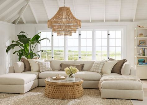 Serena & Lily living room with Sectional sofa in neutral tones - love the texture from the chandelier and round coffee table Living Room Decor Neutral, Serena Lily, Coastal Living Room, A Living Room, Farmhouse Living, Dining Room Design, Decoration Design, Design Interior, In The Middle