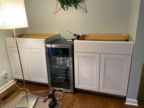 White Cabinet Basement Bar, Easy Home Bar Ideas, Wet Bar Dimensions, Sideboard With Mini Fridge, Dry Bar With Refrigerator, Dry Bar Ikea Hack, Ikea Hack Dry Bar, Dry Bar Shelf Ideas, Ikea Dry Bars