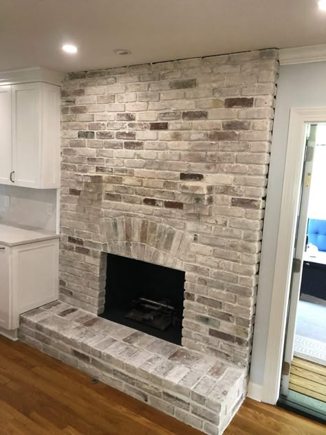 Interior Lime Wash for Brick Fireplaces and Walls - My Three Sons Painting Brick Wash Ideas, Fireplace Red Brick Makeover, Lime Washing Brick Fireplace, Recessed Brick Fireplace, Chimney Makeover Brick, Fireplace Brick Stain, Brick Chimney Paint Ideas, Cream Wash Brick Fireplace, Tan Painted Brick Fireplace