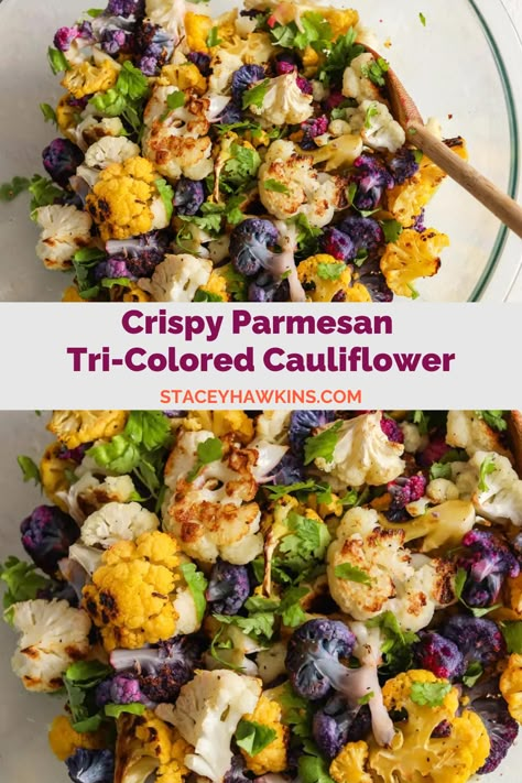 Discover a feast for your senses and a treat for your taste buds! Dive into the rainbow of flavors with Staceys' Crispy Parmesan Tri-Colored Cauliflower! Welcome a healthier lifestyle without compromising on taste. @wowstaceyhawkins Colored Cauliflower, Rainbow Cauliflower, Winter Vegetarian Recipes, Cauliflower Side Dish, Optavia Diet, Gluten Free Recipes Side Dishes, Raw Cauliflower, Optavia Recipes, Cook Meals