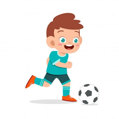 Cute kid boy play soccer as striker | Premium Vector #Freepik #vector Sports Animation, Kids Playing Football, Vector Cartoon Characters, Balloon Illustration, Flashcards For Kids, Cartoon Elephant, Kid Boy, Playing Football, Kids Soccer