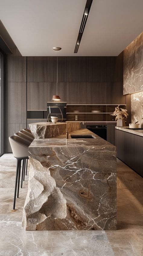 Stone Interior Design Modern, Premium Kitchen Design, Dramatic Kitchen Island, Marble Kitchen Island Ideas, Iceland Kitchen Design, Rock Kitchen Island, Luxury Kitchen With Island, Marble Island Kitchen, Modern Large Kitchen