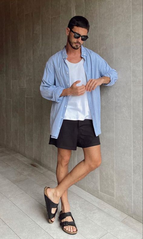 Mens Birkenstocks Outfit, Summer Outfits Men Beach, Sandals Outfit Summer, Vacation Outfits Men, Thailand Fashion, Slides Outfit, Birkenstock Outfit, Modern Mens Fashion, Mens Summer Outfits