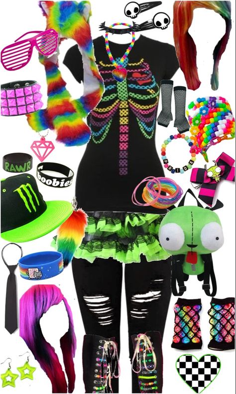 90s Scene Fashion, Dark Kidcore Outfit, Scene Core Clothes, Scene Outfits Colorful, Mens Scene Fashion, Where To Get Scene Clothes, Sence Kid Outfits, Scenecore Outfit Ideas, Colorful Emo Outfits