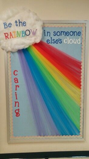 Rainbow Themed Classroom Door, Classroom Decor Rainbow Theme, Classroom Door Ideas Rainbow, Unicorn Bulletin Board, Trolls Bulletin Board Ideas, Rainbow Display Classroom, Rainbow Bulletin Board Ideas Preschool, Rainbow Door Decorations Classroom, Pride Bulletin Board Ideas