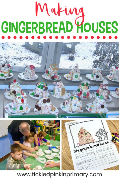 One of my favorite activities to do before Christmas break was making gingerbread houses in the classroom. I did a Gingerbread unit for a few weeks and we would finish the unit by having a pajama party and making gingerbread houses. Gingerbread Houses In The Classroom, Gingerbread House Classroom Party, Gingerbread Activities First Grade, Gingerbread Day First Grade, Gingerbread Games, Cardboard Gingerbread House, Gingerbread Unit, Gingerbread Activities, December Activities