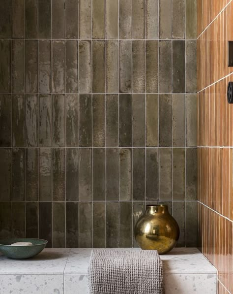 Hoxton Olive Gloss Porcelain, Soho House Style Bathroom, Burnt Orange Tile Bathroom, Small Earthy Bathroom, Soho House Bathroom, Neutral Bathroom Ideas Earth Tones, Bathroom Tiling, Mandarin Stone, Rectangle Tiles