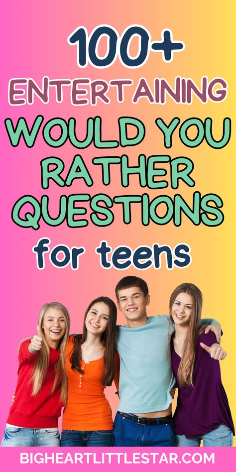 Challenge your friends with these would you rather questions that are both fun and engaging. These questions are perfect for teens at sleepovers, parties, or youth group activities. Whether you're looking for light-hearted fun or something a bit more interesting, these questions are perfect for breaking the ice. Would You Rather Questions For Teens, Teen Ice Breaker Questions, Youth Group Activities Teenager Party Games, Fun Teen Party Games, Teen Ice Breakers, Group Activities For Teens, Questions For Teenagers, Questions For Teens, Best Would You Rather, Anti Bully Quotes, Party Games For Teens