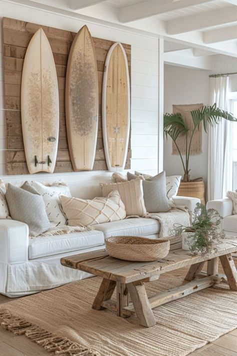 Boho Modern Decor Living Rooms, Surf Shack Style Home, Surfer Living Room Ideas, Modern Beach Apartment Decor, Modern Boho Beach House, Surf Style Interior Design, Surf Cottage Style, Minimalist Beach House Decor, Minimalistic Beach House