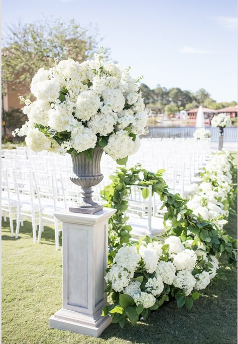 Boho Greenery Wedding Arch, Ground Florals Wedding Aisle, Ceremony Vase Arrangements, Timeless Wedding Floral Arrangements, Wedding Ceremony Urns, Large White Centerpiece Wedding, Urn Floral Arrangements Wedding, Wedding Flowers In Urn, Hydrangea Altar Arrangement