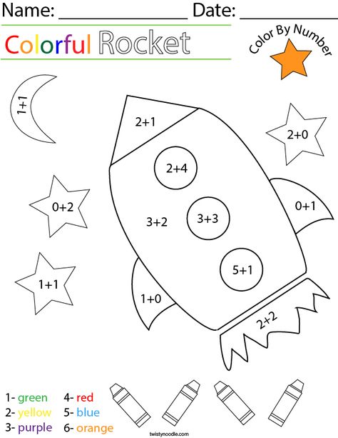 Addition- Color by Number Rocket Math Worksheet - Twisty Noodle Rocket Math, Addition Coloring Worksheet, Maths Colouring Sheets, Space Activities For Kids, Kindergarten Math Worksheets Free, Math Coloring Worksheets, Math Addition Worksheets, Twisty Noodle, Math Multiplication