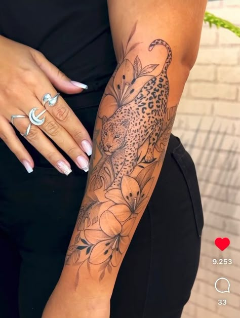 Lion Feminine Tattoo, Jaguar Tattoo With Flowers, Flower Tattoo Designs Cover Up, Leopard Print Flower Tattoo, Jordan Lipscombe Tattoo, Women Big Tattoos, Mid Size Tattooed Women, Female Half Sleeve Tattoo Forearm, Left Forearm Tattoos For Women