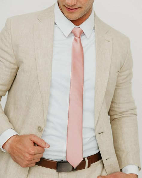 Our 🆕 Mauve Satin Tie is a show stopper! #DAZI #daziusa #groom #groomsmen #2024wedding #springfashion #springwedding #summerwedding Tan Suit Pink Tie, Mauve Groomsmen Attire, Suit And Tie Aesthetic, Tan Tux, Rose Gold Tie, Mauve Tie, Matric Dress, Sophisticated Wardrobe, Blush Tie