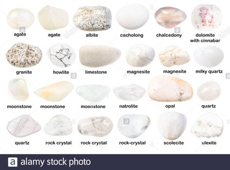 Crystal Collection Display, Crystal Types, White Gemstones, Crystal Seashells, Quartz Properties, Crystal Names, Types Of Crystals, Moonstone Crystal, White Moonstone