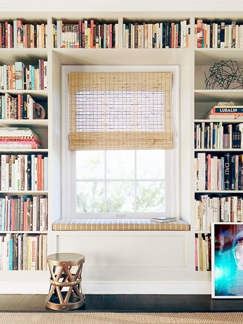 Matchstick Blinds, Bookshelves For Small Spaces, Den Office, Home Library Design, Small Space Design, Bookshelf Design, Home Libraries, Book Shelves, Built In Bookcase