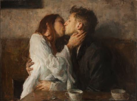 Ron Hicks - Kisses and Coffee [2014] | Ron Hicks’ works have… | Flickr Ron Hicks Paintings, Romance Arte, Ron Hicks, Kiss Painting, Abstract Techniques, Pretty Paintings, Representational Art, Art Of Love, Romance Art