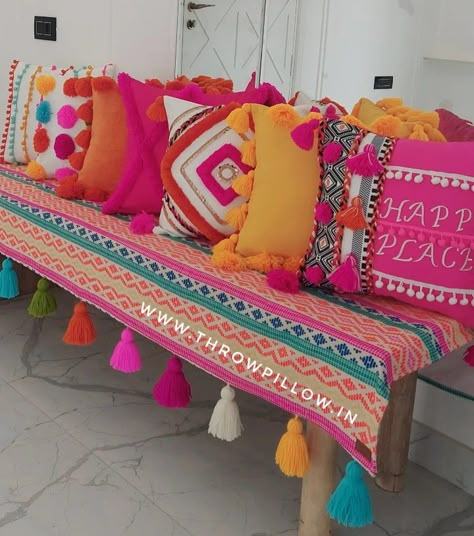 Bohemian throwpillows & sofa cover Cushion Covers Ideas Home Decor, Bohemian Sofa Cover, Colourful Cushions On Sofa, How To Make Sofa Covers At Home, Sofa Cover Ideas Indian, Sofa Cover Ideas Diy, Sofa With Colorful Pillows, Sofa Throw Ideas, Diwali Decorations At Home Living Rooms