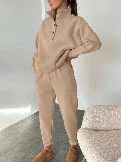 Sweatpants Shein, Sweater Two Piece Set, Dropped Shoulder Sweatshirt, Two Piece Pants Set, How To Hem Pants, Casual Sportswear, Sleeves Clothing, Loose Outfit, Collar Sweater