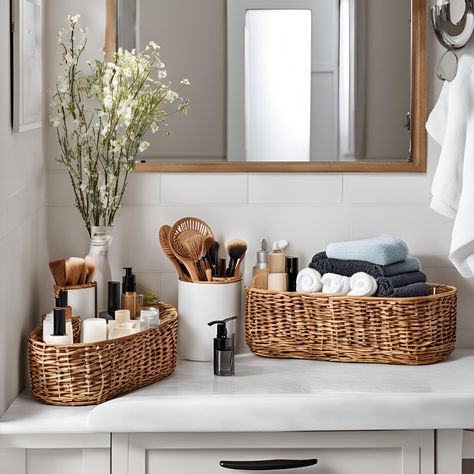 Practical and Cute Bathroom Counter Decor Ideas Guest Bathroom Vanity Tray Ideas, Organize Bathroom Countertop Master Bath, Decorating Bathroom Sink, Makeup Storage Bathroom Counter, Bathroom Organization Countertop Aesthetic, Toilet Sink Decor, Bathroom Product Organization Counter, Bathroom Vanity Set Up, Countertop Bathroom Storage