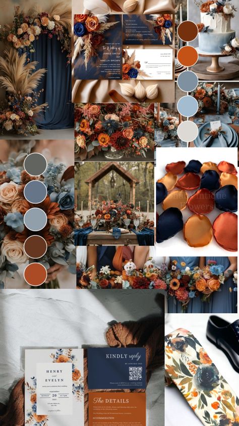 Wedding Wedding Color Schemes Rustic Country, Rustic Wedding Color Schemes Country Colour Palettes, Fall Wedding Colors With Navy Suits, Blue Brown Wedding Colors, Fall Wedding Vision Board, Terracotta And Blue Wedding Palette, Fall Wedding Colors Blue Colour Palettes, Beach Wedding Fall Colors, Navy Sage Rust Color Palette