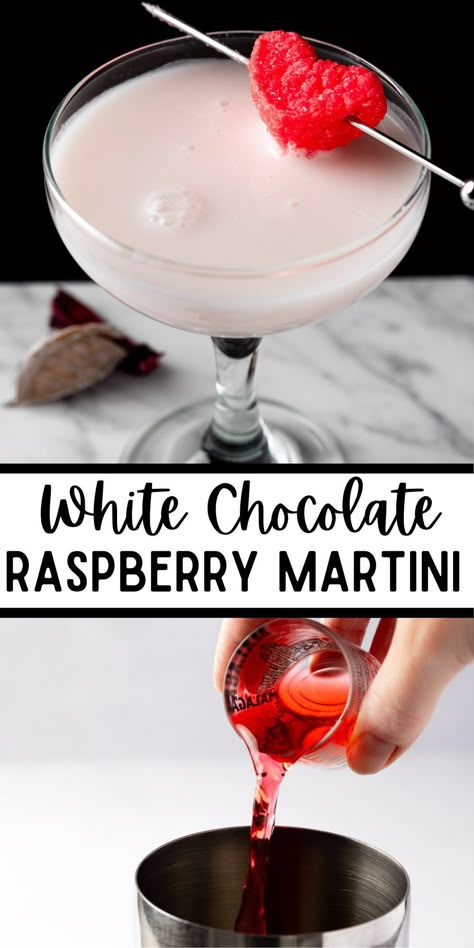 Raspberry White Chocolate Martini, White Chocolate Raspberry Martini, White Chocolate Cocktails, Valentine S Day Cocktails, Valentine’s Day Drinks, Valentines Martini, Dessert Martinis, Chocolate Raspberry Martini, Galentines Event