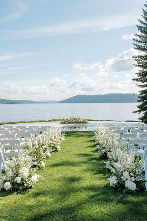 Sophisticated Idaho Lake Wedding with Chinese Traditions | Rocky Mountain Bride The Falls At Blue Ridge Wedding, Lakeside Wedding Flowers, Lake Wedding Alter Ideas, Waterfront Ceremony Decor, By The Lake Wedding, Backyard Lake Wedding Ceremony, Lake View Wedding Ceremony, Lakeside Wedding Venues, Outdoor Wedding By Water