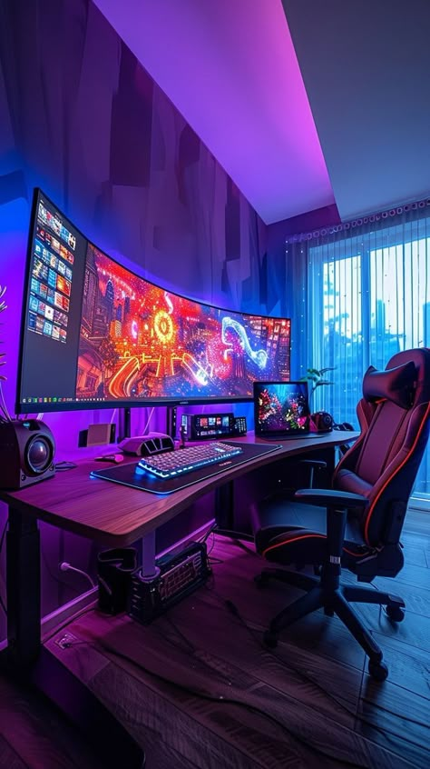 Modern gaming setup with LED lights, high-resolution monitors, premium speakers, and a comfortable gaming chair for immersive gameplay. Best Pc Gaming Setup, Gaming Computer Room, Ultimate Gaming Setup, Tech Setup, Small Game Rooms, Tech Room, Setup Pc, Best Gaming Setup, Battle Station