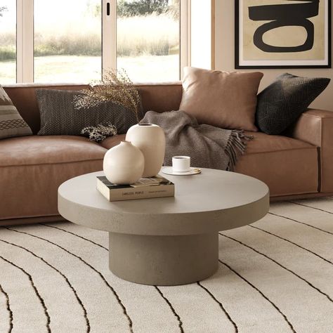 AllModern Dove Coffee Table | Wayfair Round Modern Coffee Table, Round Coffee Table Decor, Round Coffe Table, Concrete Pedestal, Green Room Ideas, Concrete Table Top, Living Room 2024, Pedestal Coffee Table, Concrete Coffee Table