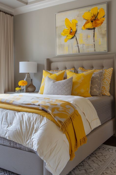 modern-cozy-bedroom-neutral Popular Bedroom Colors, Yellow Gray Bedroom, Beautiful Bedroom Colors, Earthy Bedroom, Rustic Bedroom Decor, Yellow Bedroom, Bedroom Color Schemes, Gray Bedroom, Bedroom Refresh