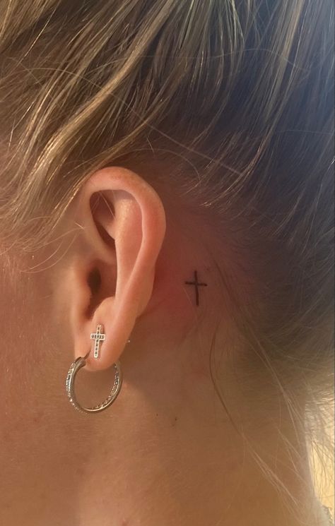 Small Cross Tattoo, Behind Ear Tattoos, Basic Tattoos, Cross Tattoos For Women, Hidden Tattoos, Small Pretty Tattoos, Petite Tattoos, Cute Tattoos For Women, Classy Tattoos