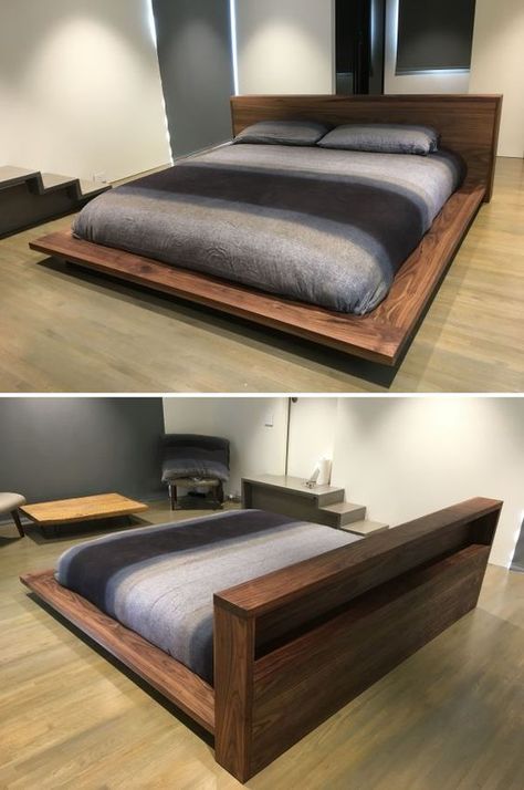 Dark Wood Floating Bed, Japanese Floating Bed, Floor Bed With Headboard, Custom Bed Frames, Massive Wood Bed, Custom Platform Bed, Japanese Platform Bed Diy, Epoxy Bed Frame, Backlit Bed Headboard