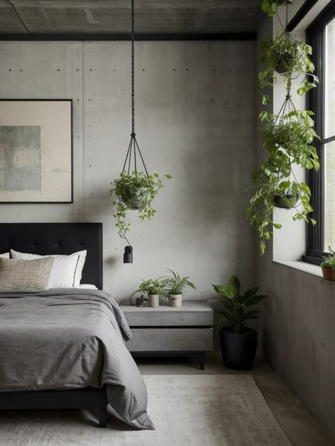 Elevate your urban design bedroom with a statement concrete accent wall and sleek black furniture. Add a touch of greenery with hanging plants and incorporate industrial lighting for a modern and edgy look. Concrete Apartment Aesthetic, Industrial Tropical Bedroom, Gray Bedroom With Plants, Industrial Black Bedroom, Soft Industrial Decor Bedroom, Bedroom Ideas For Men Plants, Industrial Themed Bedroom, Cement Bedroom Interior Design, Hanging Plants Above Bed