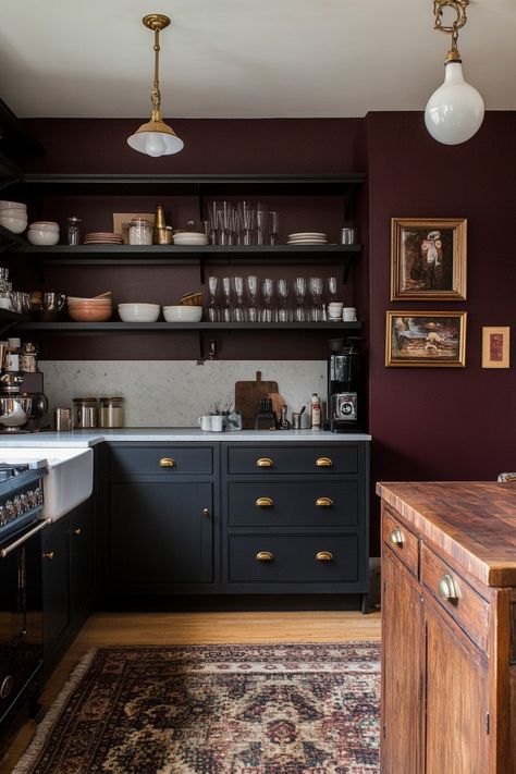 Black Cabinets On Bottom White On Top, Black White And Rust Kitchen, Dark Paint Kitchen Walls, Small Dramatic Kitchen, Interior Designer Kitchen, Moody Kitchen White Countertops, Moody French Kitchen, Moody Bright Kitchen, Moody Kitchen Nook