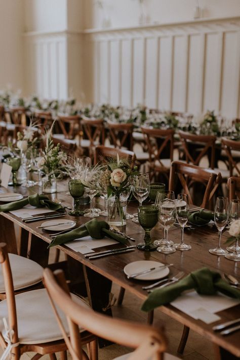 Olive Wedding Table Decor, Green Plants Table Decor, Olive Green Table Linen Wedding, Wedding Table With Napkins Only, Green Napkin Wedding Place Setting, Olive Napkin Wedding, Trestle Table Decor, Rustic Trestle Table, Green Linen Napkins Wedding