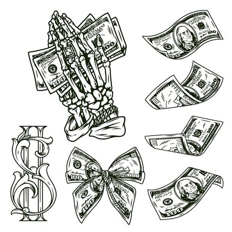 Cute Money Tattoo, Dollars Tattoo Design, Gangsta Tattoos Money, Bag Tattoo Ideas, Tattoo Ideas Money, Money Tattoo Ideas, Tattoos Money, Money Bag Tattoo, Dollar Tattoo