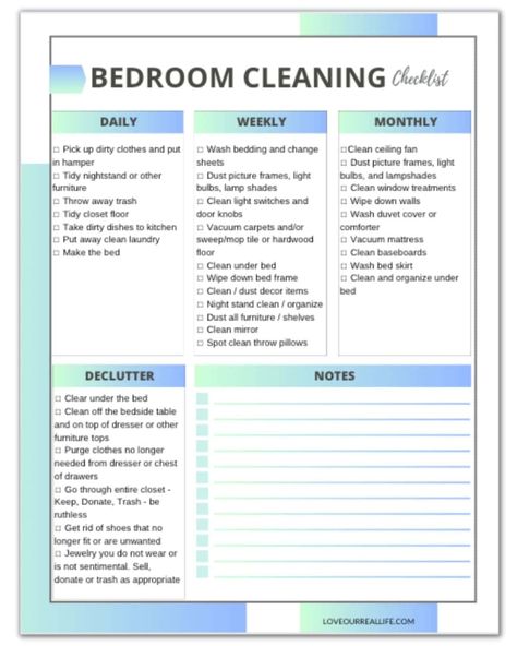 Free Printable Bedroom Cleaning Checklist - Daily, Weekly, Monthly ⋆ Love Our Real Life Weekly Bedroom Cleaning Checklist, Bedroom Chore Checklist, Daily Routine Checklist Free Printable, Weekly Room Cleaning Checklist, Cleaning Planner Printable Free, Daily Cleaning Checklist Printable Free, Cottagecore Routine, Bedroom Deep Cleaning List, Daily Bedroom Cleaning Checklist