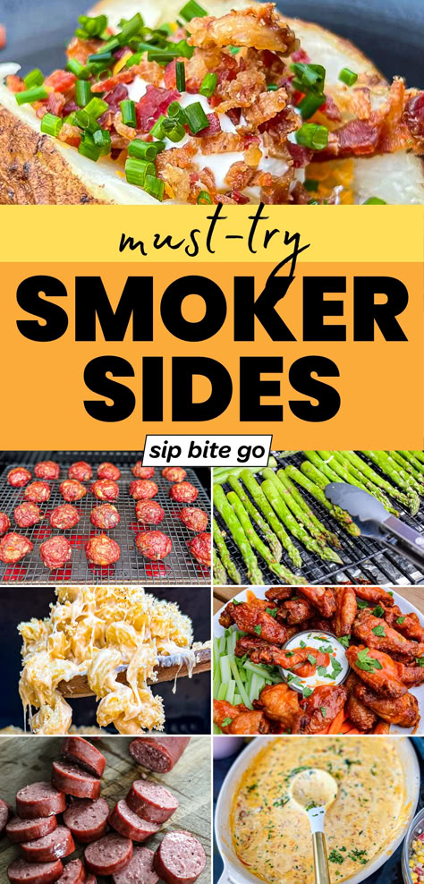 Easy Traeger Smoked Side Dishes Recipes Collage with text overlay and Sip Bite Go logo Treager Thanksgiving Recipes, Easy Things To Cook On Smoker, Ideas For Smoker, Meals For Smoker, Pellet Grill Snacks, Smoked Traeger Recipes, Trager Grill Side Recipes, Smoked Food For Party, What To Cook On A Smoker