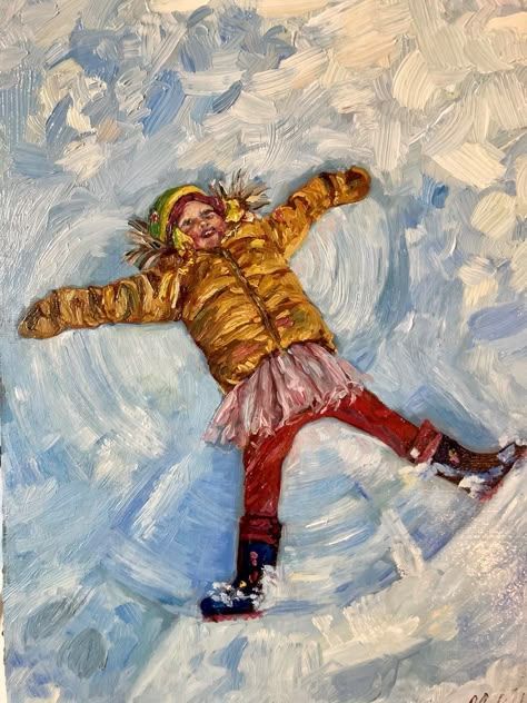 Snow Angel Painting, Snow Angel Drawing, Art About Nostalgia, Childhood Nostalgia Art, Art About Childhood, Childhood Painting, Snow Drawing, Movement In Art, Snow Painting