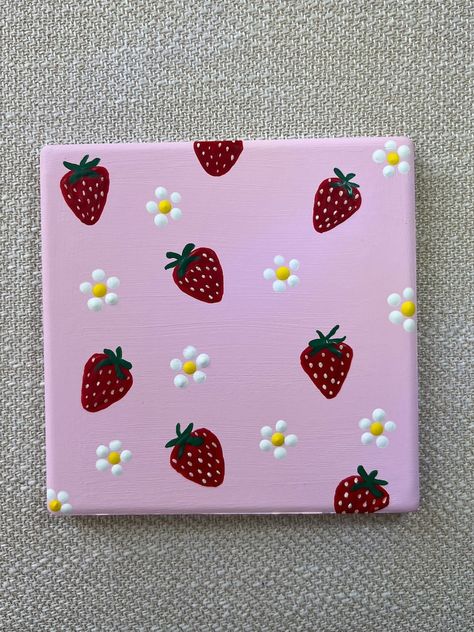 Hand Painted Strawberry Coaster - Etsy Canvas Painting Strawberry, Coaster Designs Painted, Easy Painting Patterns, Things To Paint With Boyfriend, Easy Little Painting Ideas, Easy Diy Home Decor Crafts, Strawberry Painting Ideas, 4×4 Canvas Painting, Strawberry Painting Aesthetic