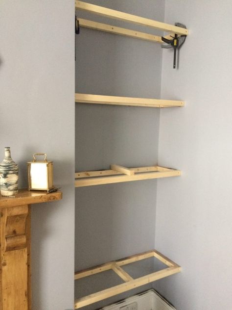 Alcove Shelves Diy, Shelves Alcove, Make Floating Shelves, Alcove Bookshelves, Alcove Desk, Alcove Ideas Living Room, Floating Shelving, Alcove Shelves, How To Make Floating Shelves